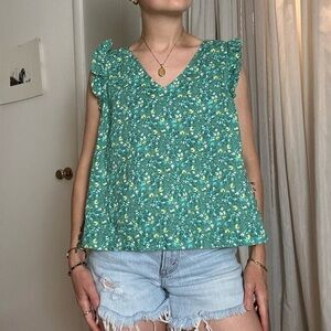 Ana Brand Green/Blue floral 100% Cotton Ruffled Sleeveless Blouse